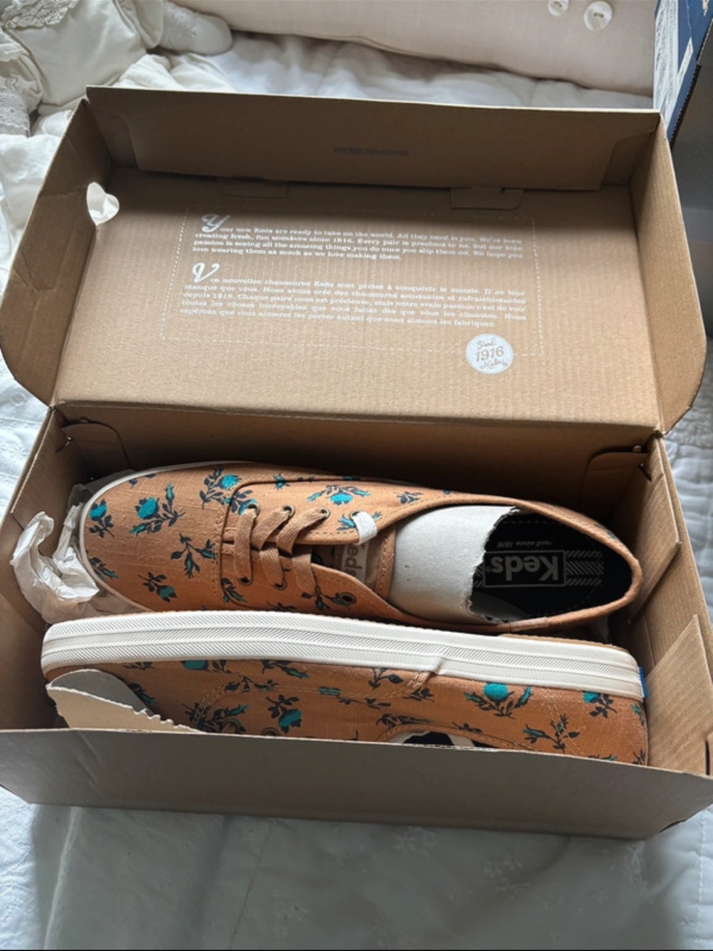 Keds Women’s Tan Canvas Sneakers with Turquoise Floral Print